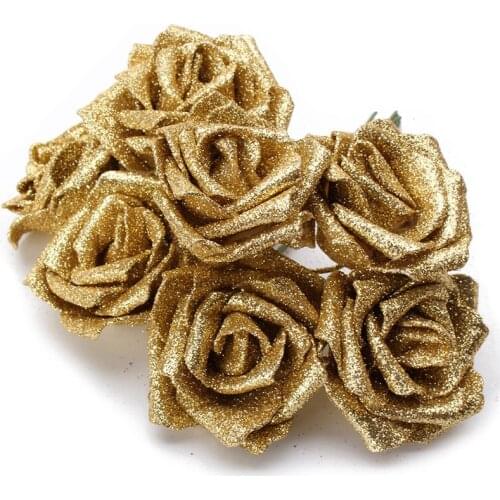NHBR 7Pcs Foam Glitter Artificial Rose Decor Gold