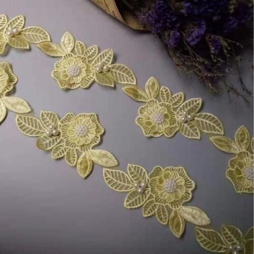 New 10x Yellow Pearl Beaded Flower Leaf Embroidered Lace Trim Ribbon Fabric Handmade Sewing Craft For Costume Hat Decoration Hot