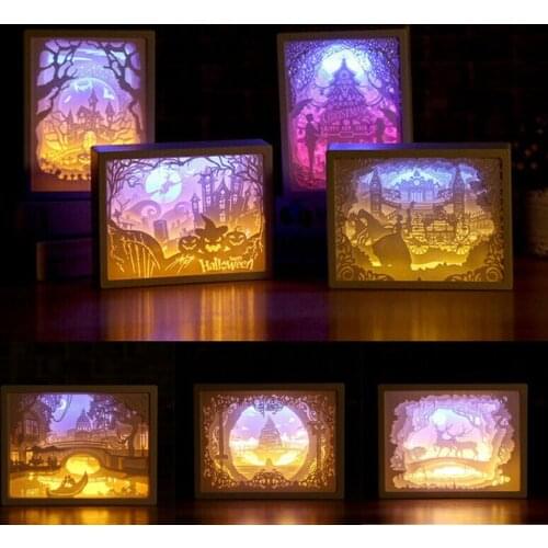 New Creative Simple 3D Paper Carving Night Light Lamp LED Gift Home Bedroom Art Christmas Halloween Carved Decor