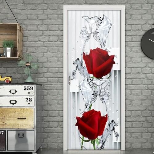 New Style 3D Modern Rose Water Drop Door Stickers Mural PVC Self-adhesive Wallpaper Poster Living Room Bedroom Door Decor Decals