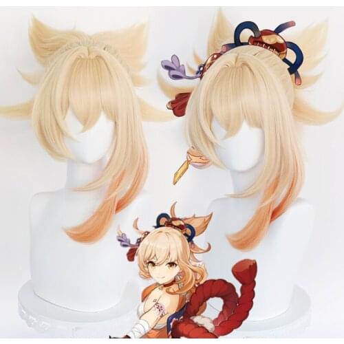 Game Genshin Impact New Character Yoimiya Cosplay Wig Orange Pink Ponytail Hair Heat Resistant Synthetic Wig Halloween+ Wig Cap