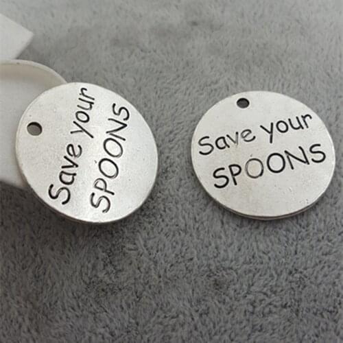 25mm "Save your SPOONS" antique silver Color word charms round metal jewelry tag, alloy message pendants for bracelet&necklace
