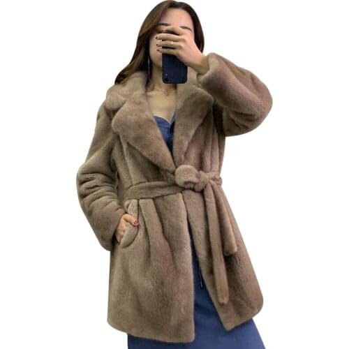 Natural mink fur coat womens medium long imported velvet mink fur outerwear with belt lapel jacket