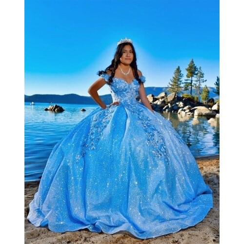 2021 Ice Blue Ball Gown Quinceanera Dresses With Dechable Sleeves Sweetheart Tulle Lace Applique Sweet 16 Dress Party Wear