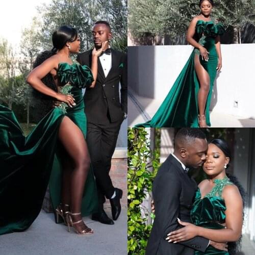 Dark Green Velvet Mermaid Prom Dresses robes de soirée High Side Split Ruffles Evening Gowns Sweep Train Party Dress