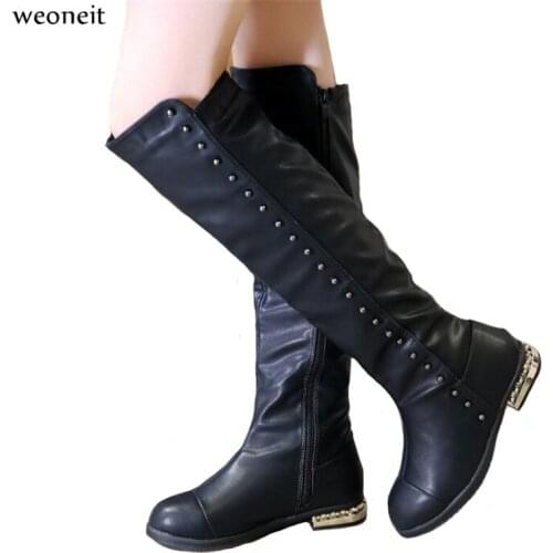 Weoneit Fashion Kids Autumn Knee High Boots Girls Leather Snow Boots Girls Winter Warm Waterproof Children Shoes