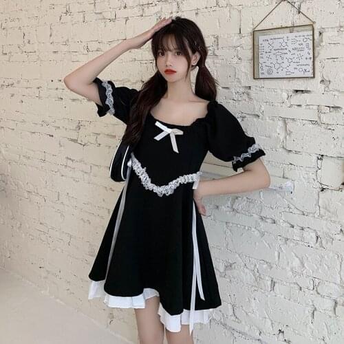 Japanese lolita dress Court Square Collar Puff Sleeve Bow Lace Stitching High Waist Ruffle Dress Women Summer victorian dress