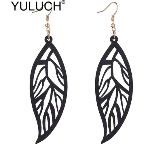 YULUCH 2019 Pop Hollow Wooden Leaf Pattern Long Dangle Earrings Fashion Jewelry For Women Wedding Party Ethnic Pendant Earrings