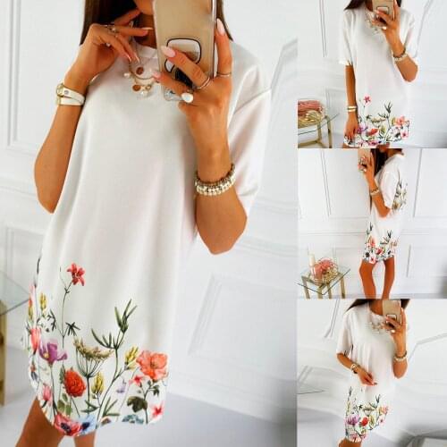 Womens Fashion Casual Loose Positioning Print Short Sleeve Dress White