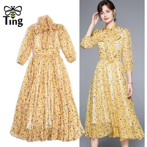 Tingfly Vintage Elegant Bowknot Collar Women Office Style Work Dress Summer Chiffon Midi Long Floral Dresses Plus Size Elbise Za