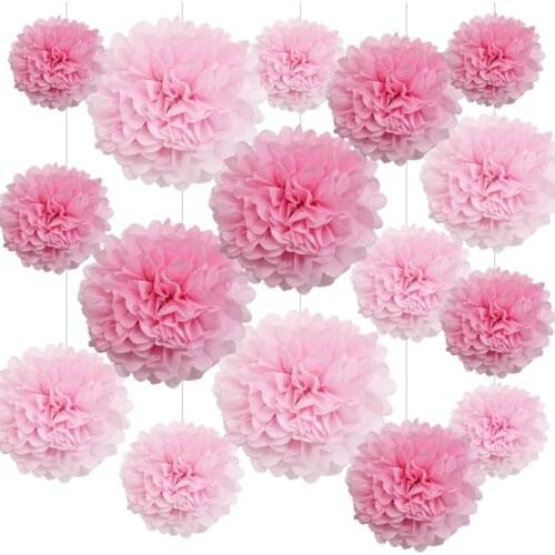 16pcs/set Pink Mixed Size Round Paper Pompoms Tissue Paper Flower Balls Wedding Birthday Party Decoration DIY Crafts Supplies