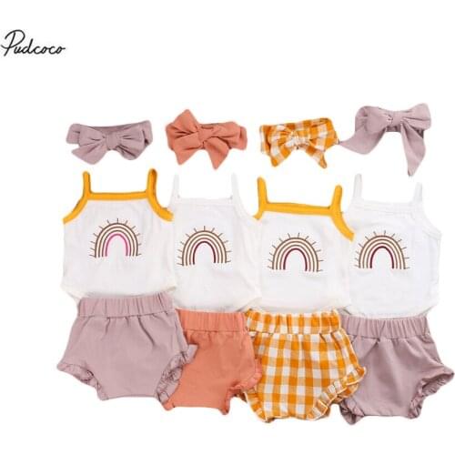 2020 4 Kinds 0-24M Infant Baby Girl Clothes Rainbow Embroidery Sweet Sleeveless Romper Tops+Ruffle Triangle Shorts Set Summer