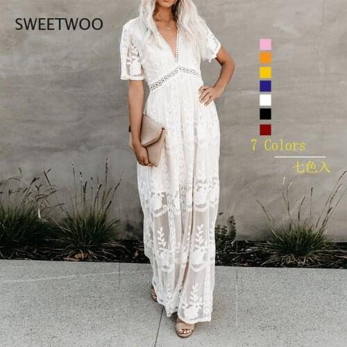 2021 Summer Boho Women Maxi Dress Loose Embroidery White Lace Long Tunic Beach Dress Vacation Holiday Women Clothing 7 Colors