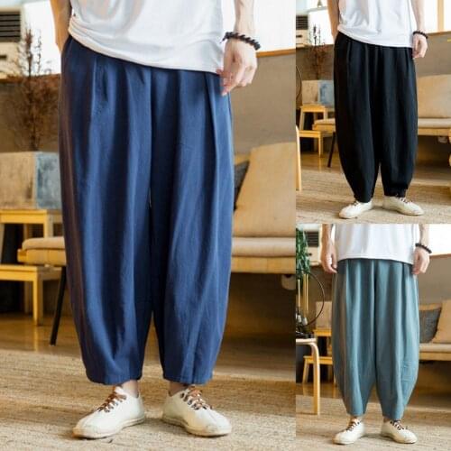 2021 Solid Color Full-length Straight Elastic Waist Pockets Men Harem Pants Sweatpants for Sports Pants Slacks sweatpants Loose