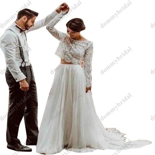 2022 Modest Two Pieces Wedding Dresses V Backless Long Sleeves For Bride Lace Tulle Court Train Country Boho Stylish Cheap Long
