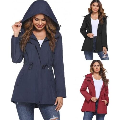 40%HOTWomen Autumn Winter Solid Color Waist Tight Windbreaker Zip Hooded Coat Jacket