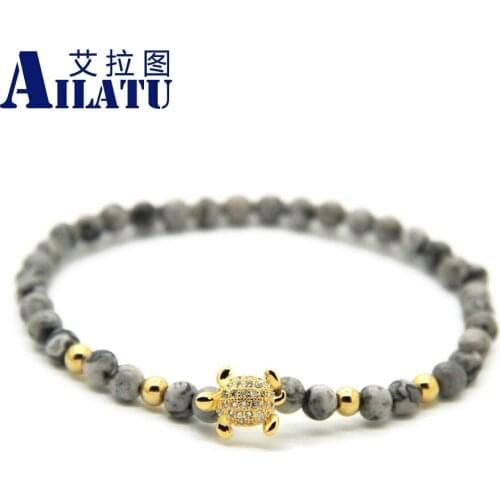 Ailatu CZ Tortoise Bracelet Wholesale 4mm Grey Picture Stone Stainless Steel Beads Micro Inserts Zircon Exquisite Jewelry