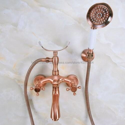 Antique Red Copper Bathtub Faucets Dual Handle Wall Mounted Bath And Shower Faucet With Handheld Showers Nna371