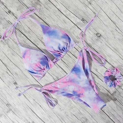 Tie Dye Bikini 2020 Hair Bands Sexy Bandage Swimsuit Thong Women Push Up Brazilian Mini Swimwear Micro Floral Print Bathing Suit