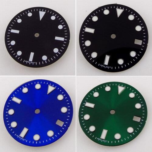 29mm Watch Dial Spare Parts Fit For NH35 Movement Green Lume Watch Face Date Window