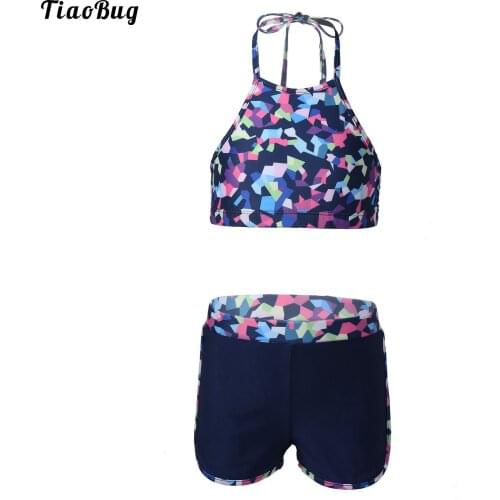 Kids Girls Summer 2Pcs Swimwear Sportswear Halter Neck Straps Self Tie Back Sleeveless Open Back Cropped Top Shorts Set