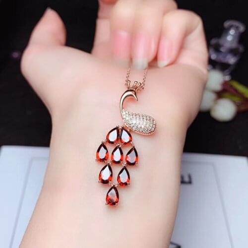 Exquisite peacock shape red garnet/purple amethyst necklace for women jewelry 925 sterling silver natural gem cost-effective