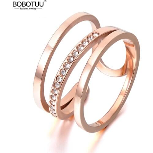 BOBOTUU Fashion Titanium Steel Rings Luxury Rose Gold Color Micro Pave AAA Cubic Zircon Wedding Ring For Women Girls BR17139