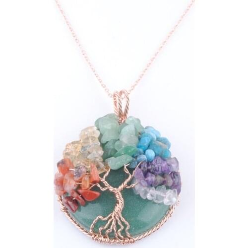 Cabochon Stone Aventurine Tree of Life Pendant Rose Gold Color Wire Wrap Chips Wisdom Tree Healing Necklace Chain 45cm QN4246