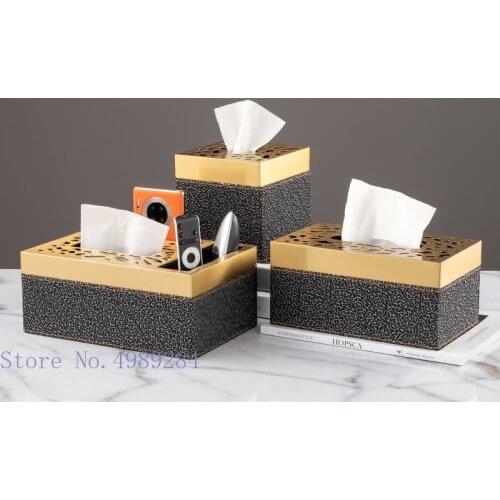 Leather metal tissue box Desktop storage organization ornaments Black print Embossed golden hollow Paper box Home Decoration