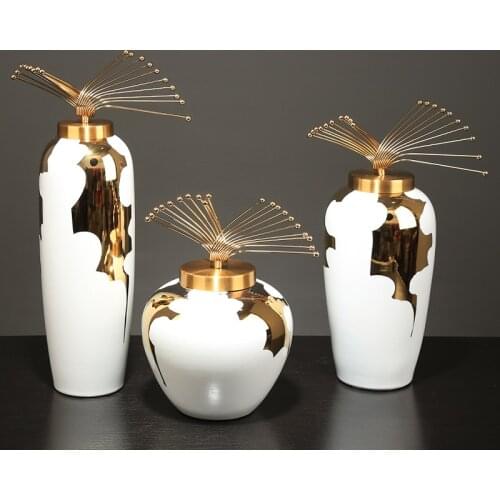 Creative Ceramic Storage Jar Decoration Desktop Home Vase Decoration Metal Cover Flower Arrangement Decoration Handicraft