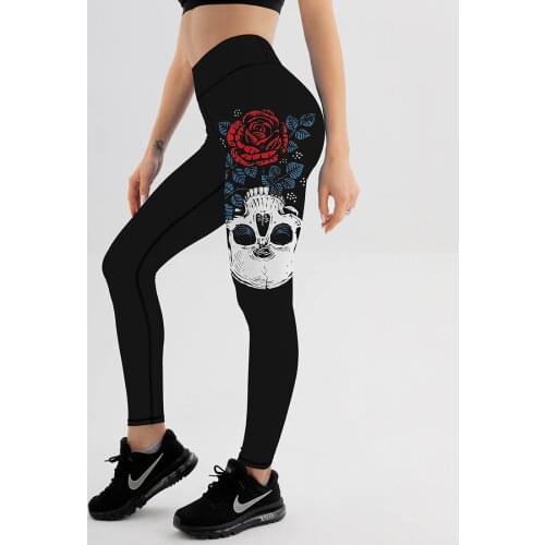 High Waist Black Leggings For Fitness Ladies Sexy Skull&Roses Printed Gym Sports Workout Leggings Push Up Fitness Female Leggins