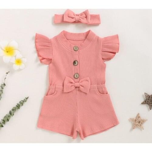 Summer Shorts Pants Kids Baby Girls Flying Sleeve Infant Overalls Jumpsuit Toddler Clothes Headband1