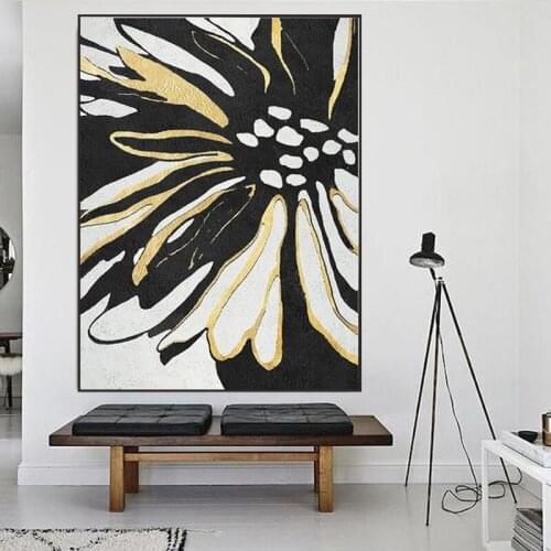 Minimalist Black White Flower Picture Hand Painted Abstract Oil Painting On Canvas Wall Art For Living Room Home Decor No Frame