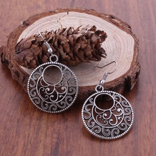Fashion Statement Bohemian Vintage Ethnic Long Big Hollow Round Drop Earring Carved Flowers Drop Earrings Women