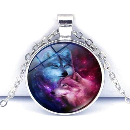 Fashion Jewelry Accessories Nebula Wolf Photo Cabochon Glass Pendant Necklace Sweater Chain Necklace Creative Birthday Gifts