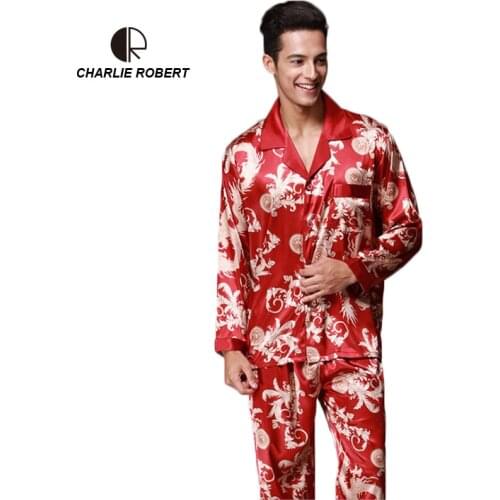 CR Noble Printing Men Long Sleeve Pajamas Plus Size Spring Summer Style Emulation Silk Turn-down Collar Free Shipping AP454