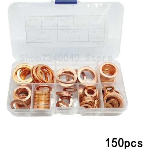 150Pcs/Set Copper washer Seal Assortment set Flat Ring Seal Assortment Kit M6 M8 M10 M12 M14 M16 M18 M20 for Sump Plugs Water