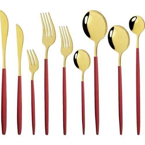 5Pcs Red Gold Cutlery Set Stainless Steel Food Tableware Set Home Steak Knife Fork Coffee Spoon Teaspoon Upscale Dinnerware Set