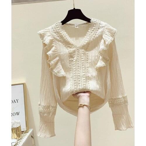 2021 spring and autumn fashion new wood ear chiffon shirt womens long-sleeved design niche lace stitching chiffon top