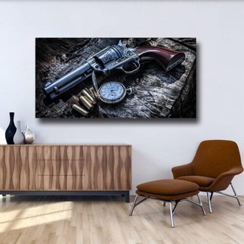 Revolver Weapon Gun Pocket watch Wall Art Home Decor Canvas Pictures HD Prints Gun Pistol Painting Boy Teen Bedroom Poster Mural