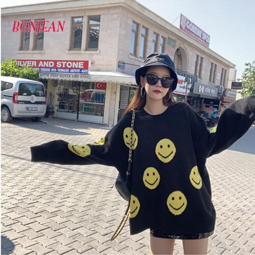 2021 Autumn and Winter Smiley Face Sweater Female Students Korean Loose Top Knitted Bottoming Shirt