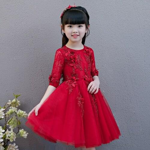 Glizt Red Tulle Flower Girl Dress For Wedding Half Sleeve Kid Summer Appliques Wedding Gown Girl Party First Communion Dress