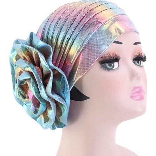 Popular Products Hair Care Muslim Bandans Laser Big Flower Headband Hat Colorful Wedding Party Turban Hearwrap Hijab Cap