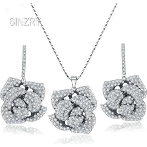 SINZRY romantic jewelry cubic Zirconia rose flower pendant necklace earring set top quality trendy creative jewelry set