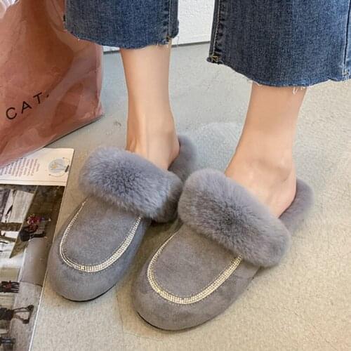 Rimocy 2021 New Plush Warm Home Slippers Women Winter Flock Non-slip Indoor Slides Woman Fashion Crystal Flat Fur Flip Flops