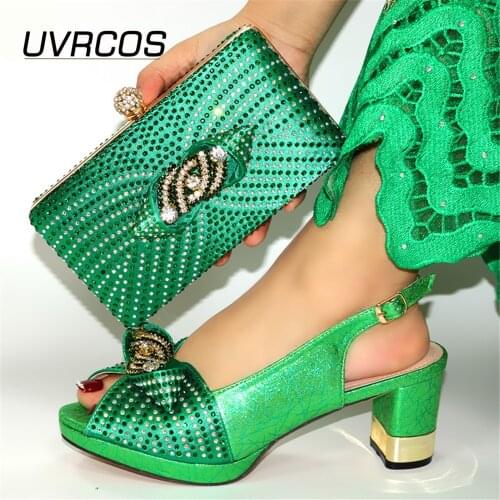 Style New Design Italian Women Shoes and Bag Set in Green Color 2021 Sweet Style African Lady Shoes Matching Bag with Crystal