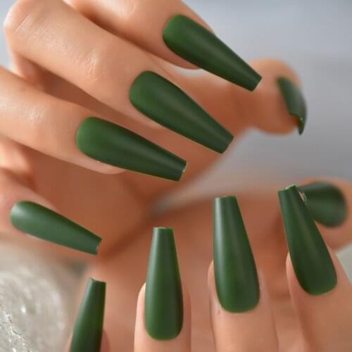 Deep Green Matte Artificial False Ballerina Nail Art Tips Long Coffin Shape Fake Nail False Nails For Sale