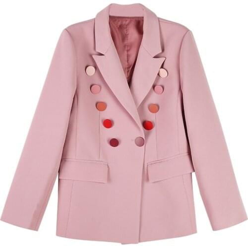 PERHAPS U Women Pink Blazer Solid Notch Collar Long Sleeve Button Pocket Loose Suit Slim Fit Office Lady Coat C0101
