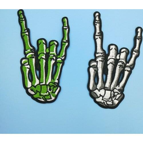 Green White Skeleton Finger Patch Punk Rock Gothic Gesture Sticker Diy Iron on Appliques for Jacket Apparel
