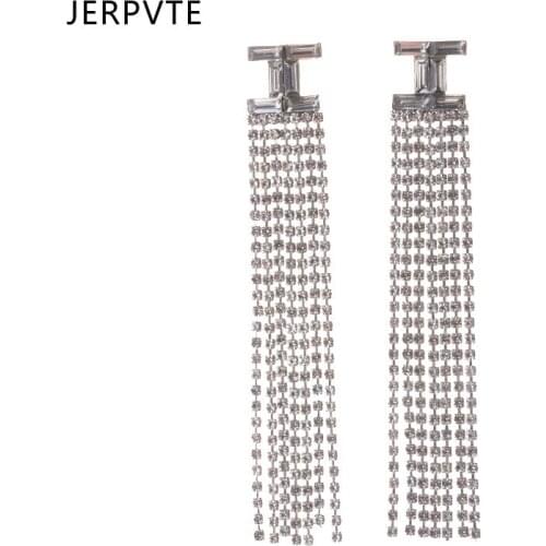 JERPVTE New Fashion Statement Tassel Dangle Hanging Gem Stone Rhinestone Long Drop Earrings For Women Jewelry brincos bijoux
